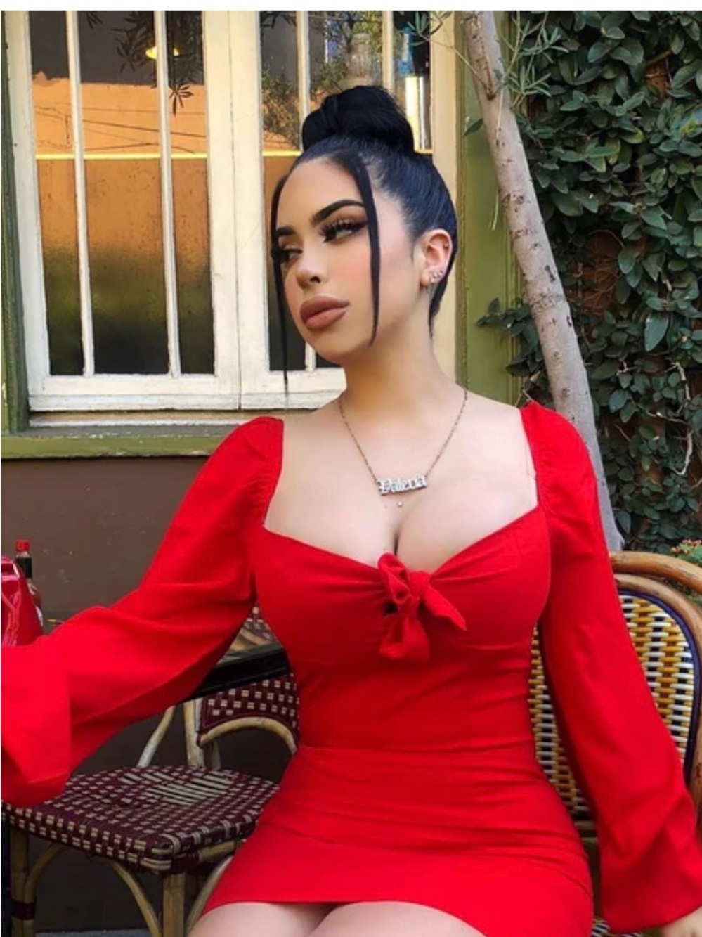 Red Long-Sleeve Tie-Front Bodycon Dress